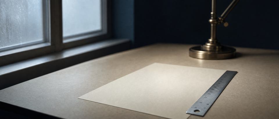 One sheet of paper and a steel rule on an otherwise empty desk under flat window light before dawn, a brass lamp switched off at the far edge.