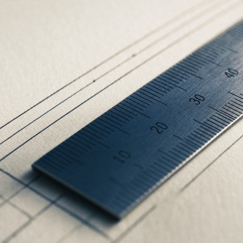 Fine millimetre graduations on a blued steel rule lying across a printed chart grid, lit from the left.