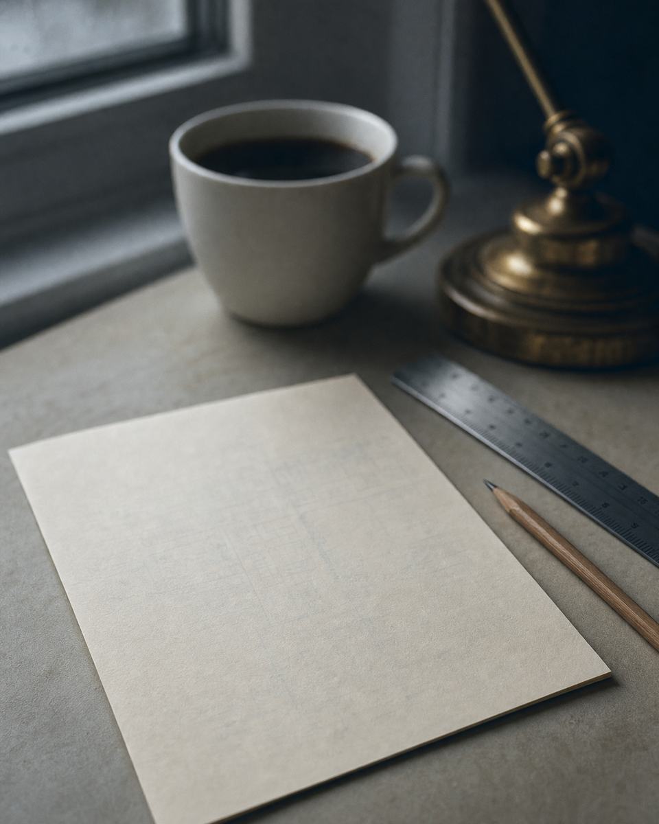 A research desk at dawn: a printed note lying face down on warm paper beside a steel rule and a pencil, a cup of black coffee and a brass lamp base by the window.