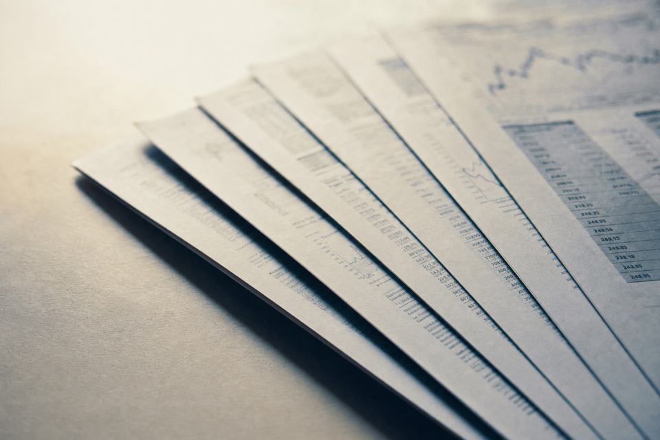 Six sheets of printout fanned across a desk, only their edges catching the light, the figures on them soft and unreadable.